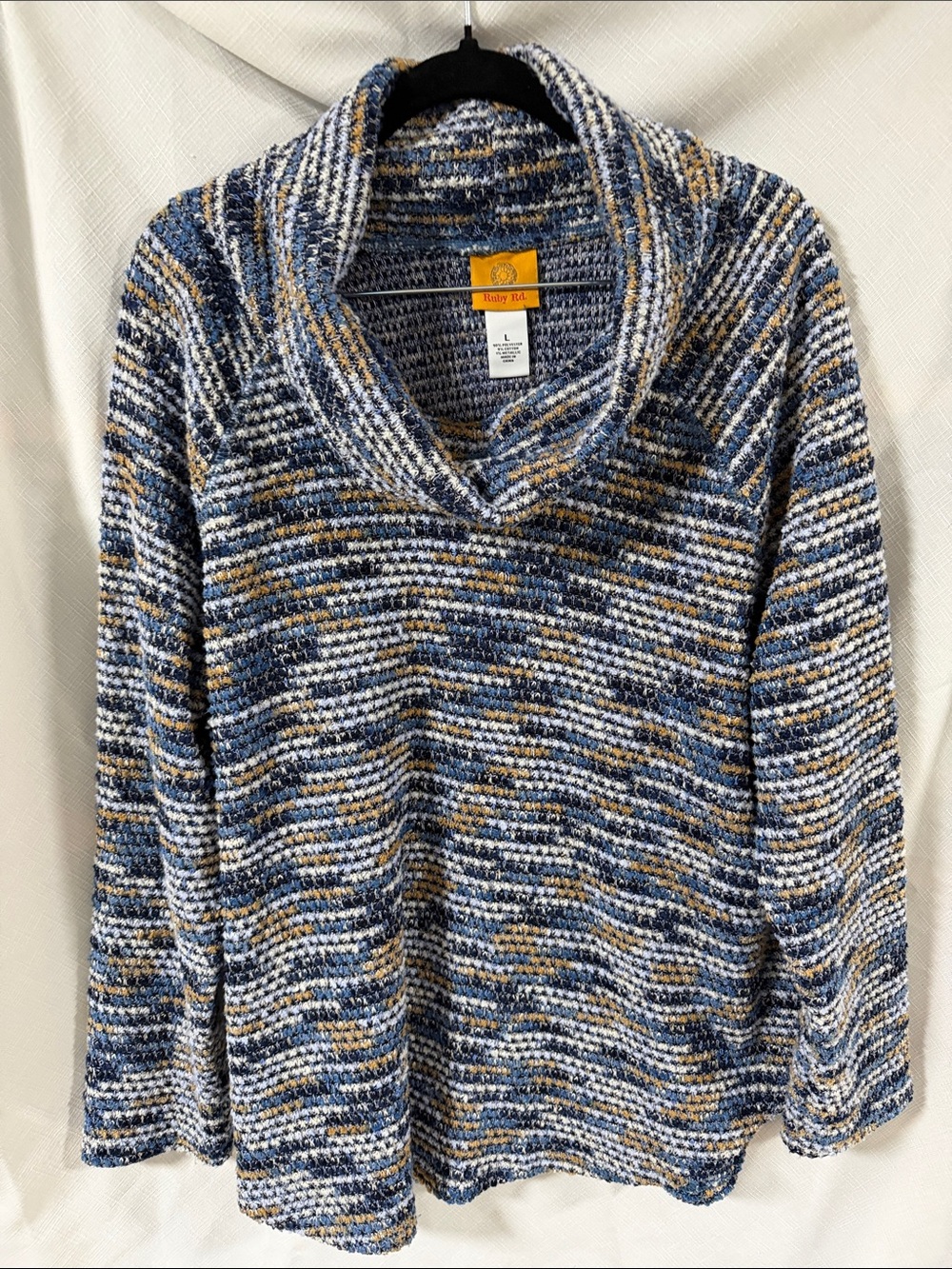 Ruby Rd. Blue, White & Tan Textured Shawl Collar Sweater